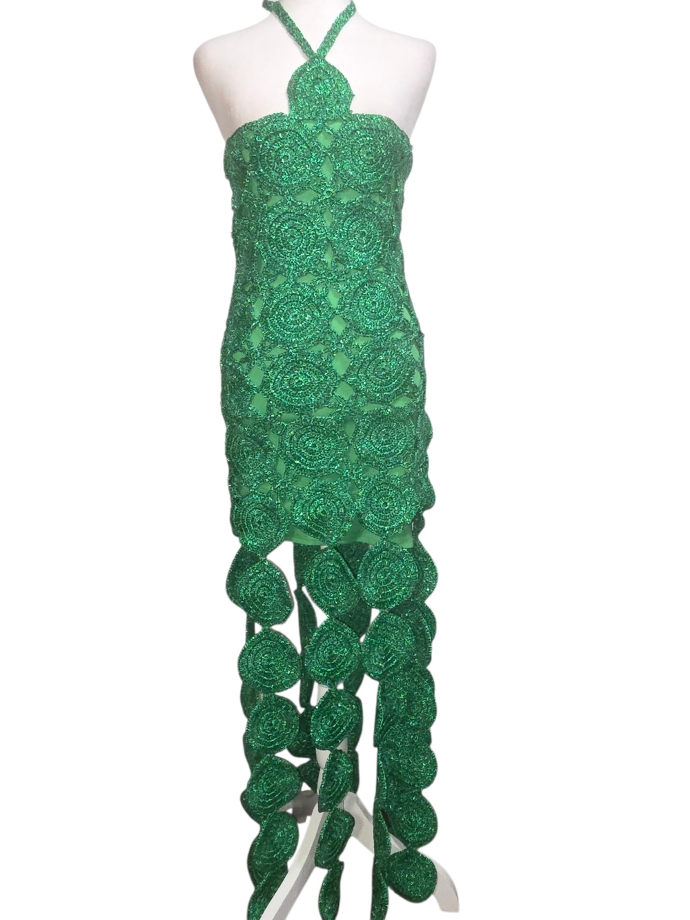 Simon Miller Beep Beep Dress Gummy Green Crochet Halter Fringe Midi Festival Y2K - Picture 3 of 12